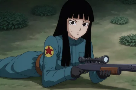 source_anime, score_9,score_8_up, score_7_up, <lora:mai_pony_v1:0.8>, anime screencap,
solo, 1girl,
mai, long hair, black hair, black eyes, coat, military, military uniform, pouch, black gloves, uniform, yellow pants, firing, aiming at viewer, sniper rifle, lying on stomach, forest, tree, grass, gun focus,