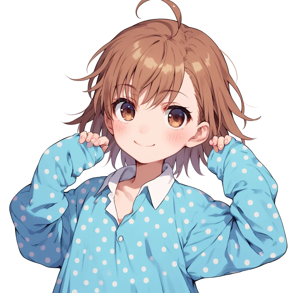 anime coloring, score_9, score_8_up, score_7_up, score_6_up, misaka20001 last-order, toaru, 1girl, solo, ahoge, brown hair, smile, white background, brown eyes, polka dot, sleeves past wrists, sleeves past fingers, simple background, short hair, blue dress, shirt, dress, looking at viewer, blush, upper body, bangs, polka dot dress, closed mouth