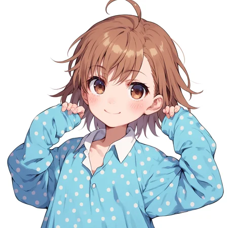 anime coloring, score_9, score_8_up, score_7_up, score_6_up, misaka20001 last-order, toaru, 1girl, solo, ahoge, brown hair, smile, white background, brown eyes, polka dot, sleeves past wrists, sleeves past fingers, simple background, short hair, blue dress, shirt, dress, looking at viewer, blush, upper body, bangs, polka dot dress, closed mouth