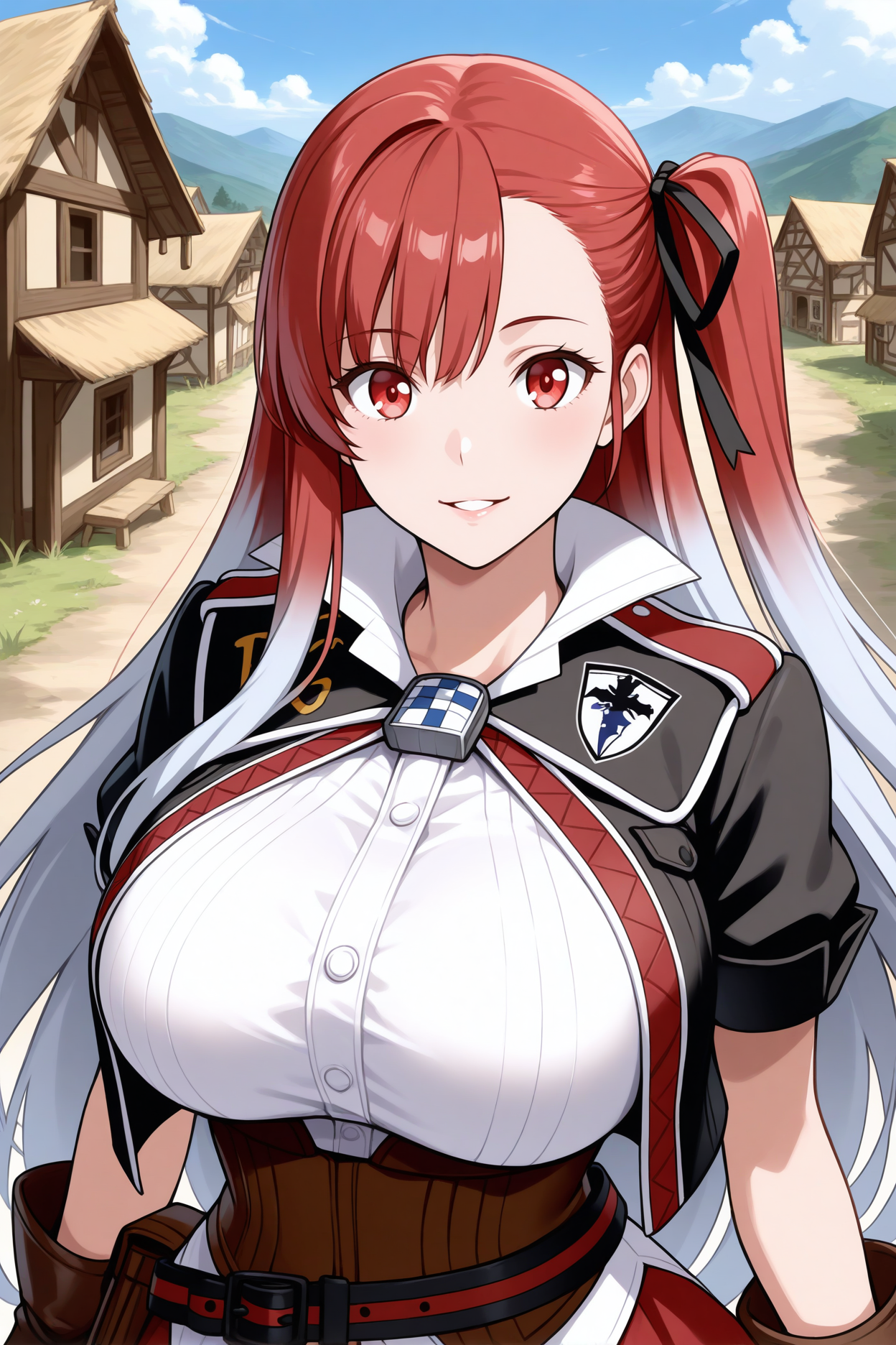masterpiece, best quality, 1girl, solo,  <lora:vcriela-illu-nvwls-v1-000006:1> rlmrc, red hair, silver hair, multicolored hair, one side up, very long hair, red eyes, hair ribbon, big breasts, black jacket, cropped jacket, short sleeves, white shirt, popped collar, brown corset, belt, red skirt, brown gloves, looking at viewer, smile, blue sky, parted lips, village, clouds, upper body