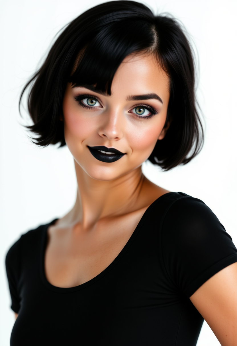 profile headshots,photoshoot poses, She is approximately 18 yearss old, dynamic angles, multiple angles,She is looking at the camera, photoshoot poses;  A photo of Mavis_real, wearing a black shirt and black lipstick,short hair, is posing for the camera with a smile on her face. simple white background.  Style: realistic hyper-detailed rendering, 32k UHD, expressive eyes, punk, graphic design, girl's face, pretty and cute, gleaming lips, telling a tale of adventure. Exuding confidence and serenity. The overall mood of the image is happy and relaxed,detailed skin texture,(blush:0.2),(goosebumps:0.3),subsurface scattering,with a playful and whimsical tone, perfect hands, detailed hand,aidmafluxpro1.1, retro50s_style, looking at the camera,looking at the camera,looking at the camera,looking at the camera,