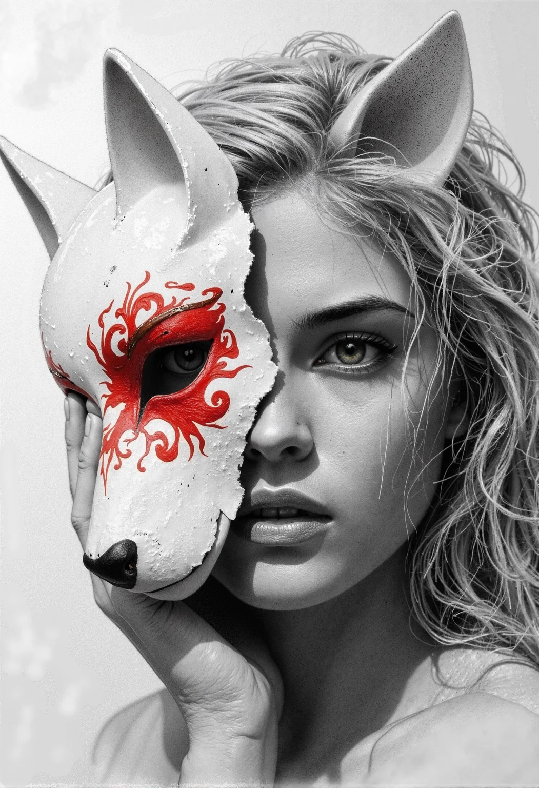 selective color. A close-up image of a breathtaking young woman wearing a half-broken Kitsune mask. The mask, adorned with swirling red accents, is crafted in white porcelain with a chipped edge and fox-like ears. It covers one side of her face, revealing her other strikingly beautiful features. The visible eye is deep and expressive. The image begins in a Charcoal sketch style, transitioning into soft, muted colors as the scene becomes more realistic. Dramatic lighting casts shadows across her face and mask, with an abstract white background that emphasizes the contrast between the mask and her features., <lora:Charocal_V1.safetensors:0.6:0.6> <lora:fantasy-flux-v1.safetensors:1.0:1.0> <lora:opt-selective_color_v45-nf4.safetensors:1.0:1.0>