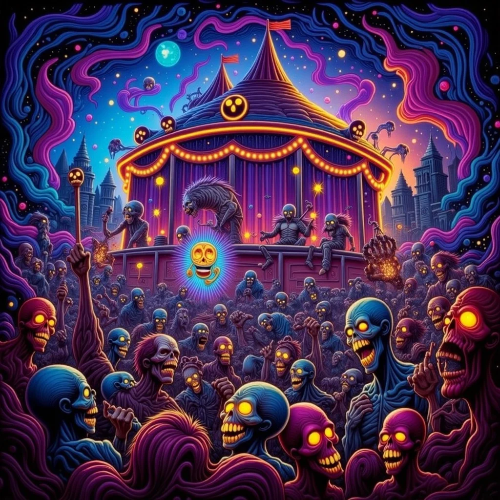 psychedelic style concept art horror-themed Dark Fantasy Art, <lora:Undead Apocalypse v1:1> und34dpsy, a psychedelic traveling circus run entirely by colorful zombies: the juggler tosses flaming brains, the contortionist has detachable limbs, and the fortune teller pulls dreams out of skulls. Everything glows â cotton candy is made of nebula mist, and rides twist into impossible geometries. Shot from a fisheye perspective, with colors vibrating like a lava lamp. The undead laugh hysterically⦠even their decapitated heads., dark, moody, dark fantasy style . eerie, unsettling, dark, spooky, suspenseful, grim, highly detailed . digital artwork, illustrative, painterly, matte painting, highly detailed . vibrant colors, swirling patterns, abstract forms, surreal, trippy