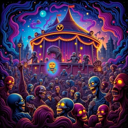 psychedelic style concept art horror-themed Dark Fantasy Art, <lora:Undead Apocalypse v1:1> und34dpsy, a psychedelic traveling circus run entirely by colorful zombies: the juggler tosses flaming brains, the contortionist has detachable limbs, and the fortune teller pulls dreams out of skulls. Everything glows â cotton candy is made of nebula mist, and rides twist into impossible geometries. Shot from a fisheye perspective, with colors vibrating like a lava lamp. The undead laugh hystericallyâ¦ even their decapitated heads., dark, moody, dark fantasy style . eerie, unsettling, dark, spooky, suspenseful, grim, highly detailed . digital artwork, illustrative, painterly, matte painting, highly detailed . vibrant colors, swirling patterns, abstract forms, surreal, trippy