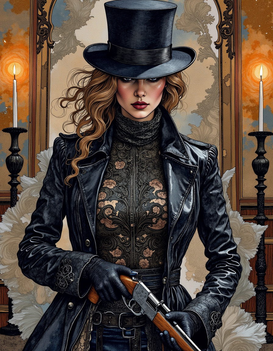 This is a digital artwork created in a mixed media style, blending elements of watercolor and ink.
A woman hunter in dynamic action in a dark and eerie victorian style room. She is wearing a black top hat with a wide brim and a black leather jacket with intricate details on the front. The jacket has a high collar and long sleeves, and is cinched at the waist with a belt. She is also wearing black gloves. In the background there is two tall candlesticks with warm lit candles on them. The overall mood of the image is dark and mysterious. <lora:Illustration_Style_IV-3:0.85>