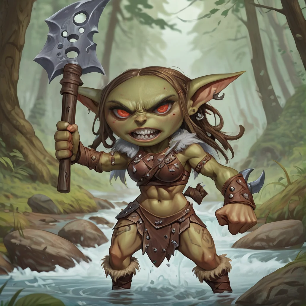 cartoon style image of a cute female path_goblin barbarian,long braided hair, big eyes, leather bikini armor, abs,muscular, huge two handed axe, powerful, intricate detailed, fantasy, brutal, fight, berserk, rage, anger, on a in a forest clearing, next to a river,<lora:Path_goblin:1>