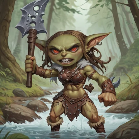 cartoon style image of a cute female path_goblin barbarian,long braided hair, big eyes, leather bikini armor, abs,muscular, huge two handed axe, powerful, intricate detailed, fantasy, brutal, fight, berserk, rage, anger, on a in a forest clearing, next to a river,<lora:Path_goblin:1>