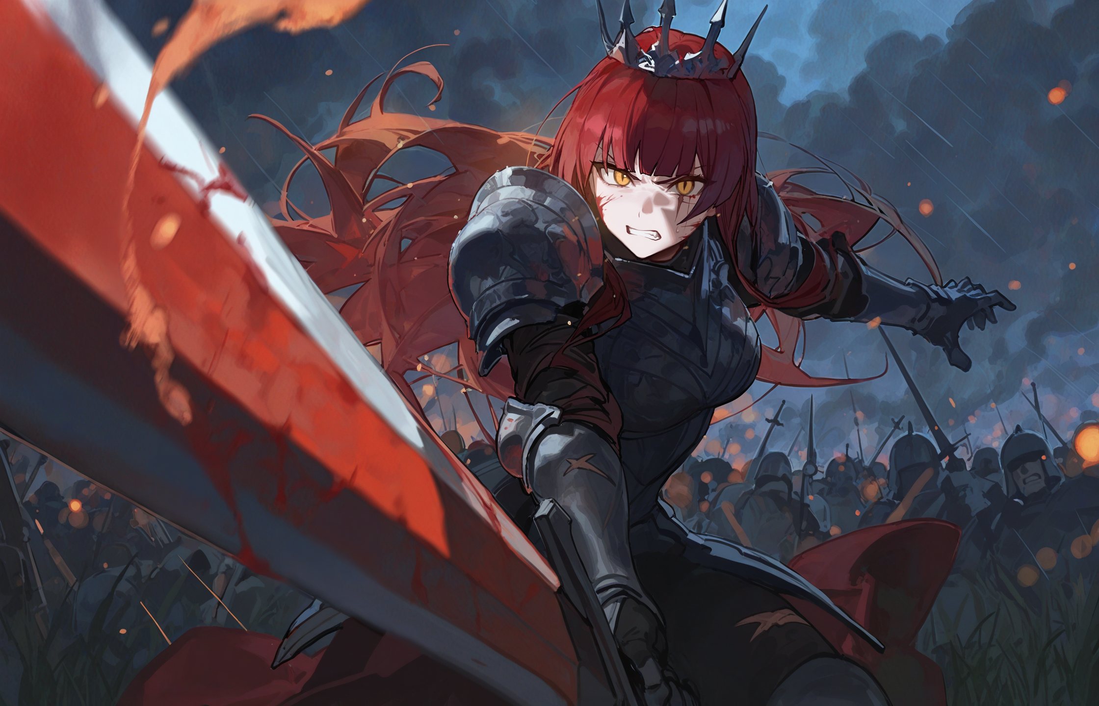 artist:ciloranko,artist:modare,artist:diyokama,
best quality, amazing quality, very aesthetic, absurdres, best quality, masterpiece, newest,
1girl,mature female,tall female,dark red hair,long hair,blunt bangs,yellow eyes,muscular,medium breasts,frown, angry, clenched teeth,slit pupils,half-closed eyes,crown,armored dress,full armor,pauldrons,gauntlets,greatsword,holding sword,multiple scars,scar across eye,scar on face,blood on face, blood on weapon, blood splatter, incoming attack, spiky armor, 
looking at viewer,
red tint,blue theme,Cinematic Lighting,light particles,dark theme,foreshortening, motion blur, 
grasslands, battlefield, smoke, pile of corpses, fireball, catapult, raining, water, cloudy sky, embers, night,
multiple soldier, fighting,, score_9,score_8_up,score_7_up