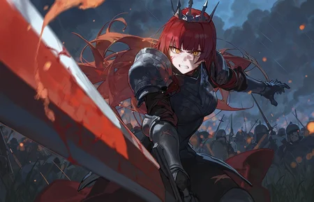 artist:ciloranko,artist:modare,artist:diyokama,
best quality, amazing quality, very aesthetic, absurdres, best quality, masterpiece, newest,
1girl,mature female,tall female,dark red hair,long hair,blunt bangs,yellow eyes,muscular,medium breasts,frown, angry, clenched teeth,slit pupils,half-closed eyes,crown,armored dress,full armor,pauldrons,gauntlets,greatsword,holding sword,multiple scars,scar across eye,scar on face,blood on face, blood on weapon, blood splatter, incoming attack, spiky armor,
looking at viewer,
red tint,blue theme,Cinematic Lighting,light particles,dark theme,foreshortening, motion blur,
grasslands, battlefield, smoke, pile of corpses, fireball, catapult, raining, water, cloudy sky, embers, night,
multiple soldier, fighting,, score_9,score_8_up,score_7_up