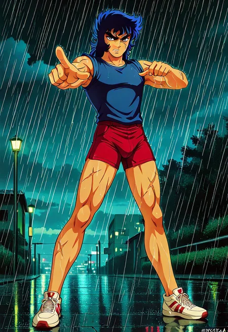 masterpiece,best quality,amazing quality, masterpiece,best quality,amazing quality, IKKIPLA, 1boy, male focus, blue hair, wavy hair, blue eyes, scar on face, toned male, long sideburns, blue tank top, red shorts, tight shorts, bulge, sneakers, full body, retro artstyle, rain, looking at viewer, mullet, angry, pointing at viewer, night, clouds, outdoors