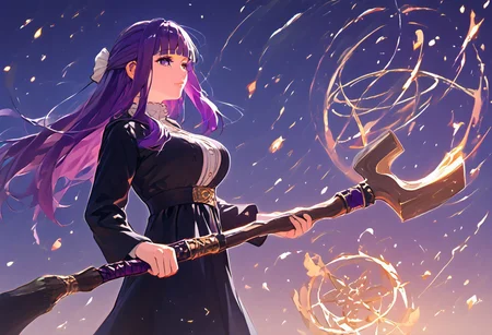 safe_pos, (((score_9,score_8_up,score_7_up,score_6_up, masterpiece, absurdres, fern \(sousou no frieren\), large breasts, long hair, purple hair, half updo, blunt bangs, purple eyes, open black robe, long dress, solo, focused))), Style-EMCG, NEGATIVE_HANDS, 

(((fantasy, adventure))), night, clear night sky, large full moon, light reflecting on clothes, light reflecting on body, hair floating, 

(((holding staff))) ,magic, ((eyes illuminated in darkness)), snow, magic circles,

embers floating behind, orange glow background, small fires in background,

