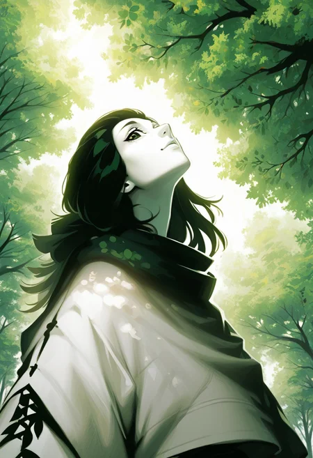 score_9, score_8_up, score_7_up, score_6_up,
very long blonde hair, hair between eyes,
portrait, dense foliage,
gigantic trees,
woman standing at the bottom of a colossal tree, looking up, upper body, young adult
rays of light piercing through the leaves, godrays,
1 tree, singular huge tree in the background,