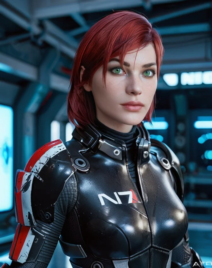 score_9, score_8_up, score_7_up,femshepxl,bodysuit,armor,N7,green eyes,red hair, upper body,standing, science fiction,facility,, <lora:femshepXL:0.8>