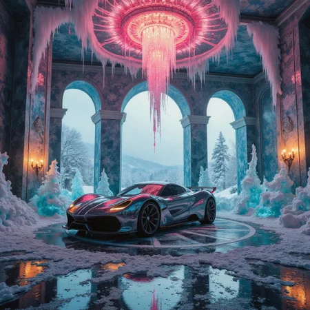 <lora:flux-collagestyle.safetensors:1> darkfantasycollagestyle
In an ethereal, icy opulent room, a sleek, modern car sits at the center, its metallic surface glistening with an otherworldly sheen. The car, a testament to human ingenuity, is surrounded by melting ice sculptures, each one a masterpiece of fluid motion and frozen time. The room is bathed in a radiant glow, emanating from a central point where the light from a luxurious chandelier cascades down, reflecting off the wet, polished floor. The chandelier itself is a marvel of modern minimalism, its sleek lines and polished surfaces contrasting with the rich, layered gradients of the ice.
The walls are adorned with arabesque patterns, blending seamlessly into the surreal, ethereal atmosphere. Outside, the arched windows frame a frosty landscape, where the snow-covered trees and icy hills create a dreamlike backdrop. The light that filters through these windows is soft and diffused, casting a serene, almost mystical aura over the scene. The air is thick with a sense of the surreal, yet the room remains grounded in its elegant simplicity. The contrast between the neon pinks, teals, and golds of the melting ice and the muted earth tones of the modern elements creates a harmonious balance, inviting the viewer into a world where fantasy and reality blend seamlessly.