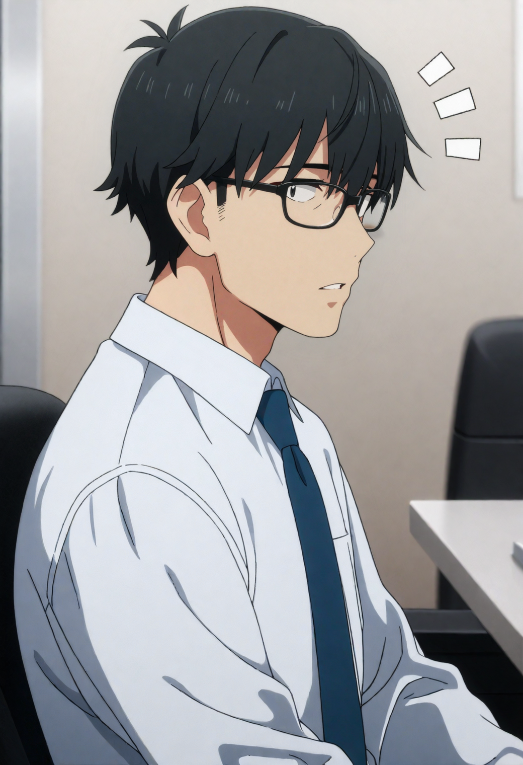 masterpiece,best quality,anime screencap,
1boy,
<lora:takeuchiP_NAI_EPS_1_0_CAME_v1-000030_rev2:1>,t4k3uch1_p,black hair,black eyes,
white shirt,collared shirt,blue necktie,
sitting,office chair,office,desk,bespectacled,black-framed eyewear,glasses. notice lines,parted lips,from side,looking at viewer,
blurry  background
