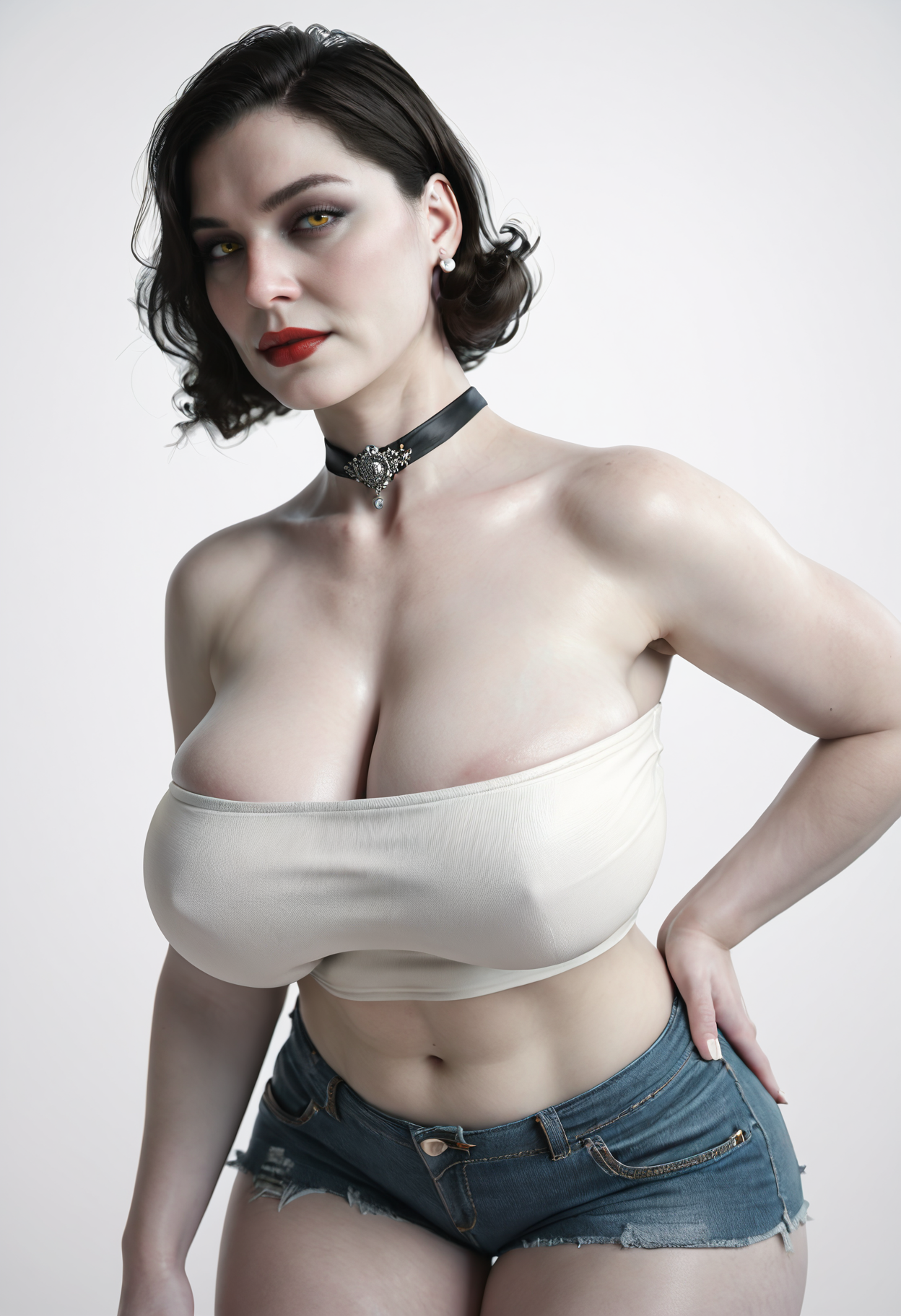 score_9, score_8_up, score_7_up, realistic,
1girl,
standing, hand on own hip, 
looking at viewer, half-closed eyes,
Alcina_Dimetruscu_SKNSFW, short hair, black hair, yellow eyes, mature female, huge breasts, breasts apart,  sagging breasts, curvy, pale skin, 
crop top, strapless, bare shoulders, crop top overhang, 
jean shorts,  short shorts, cleavage, skindentation, choker, 
white background, simple background, 
 <lora:Alcina_Dimetruscu_SKNSFW:0.7>