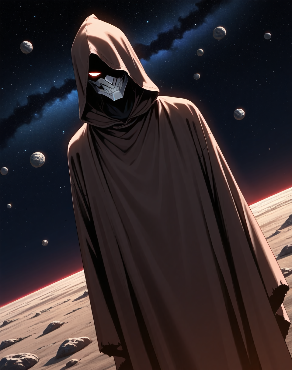 <lora:Moro_Hooded_Form_(Dragonball_Z)_(Illustrious)_(AD):1.35> Moro, hooded cloak, goat, 
((
dutch angle, exterior, outer space, asteroid field, 
male focus, gradient coloring, solo, cowboy shot, soft shading, old, aged up, dark picture, tattered brown cloak, evil villain, large hood covering entire head and face, 
):1.5), 
BREAK very awe, aesthetically pleasing, masterpiece, best quality, amazing quality, very aesthetic, perfect depth of field shot, in'ei, furry_art, source_furry, source_anime,
EZRealPONYXL, zPDXL, Smooth Quality, lazympos, IllustQualXL_Pos,