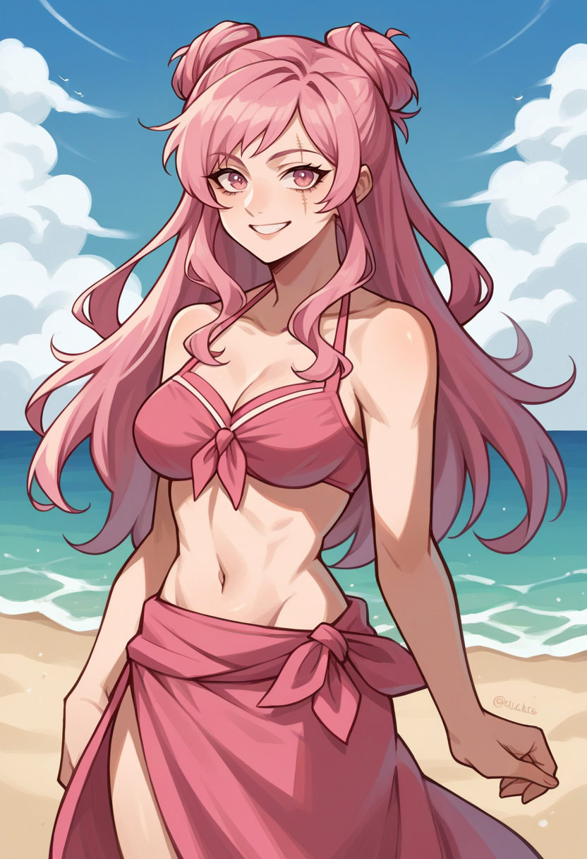 score_9, score_8_up, score_7_up, source_anime BREAK 1girl, solo,  <lora:zs_ArgillaXL:1> argilladds, pink hair, pink eyes, long hair, double bun, scar, medium breasts, beach, pink bikini, pink sarong, smile, blue sky, looking at viewer, smile