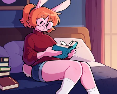 score_9_up, score_8_up, score_7_up, score_6_up, by remanedur, round glasses, orange hair, medium breasts, bunny, black eyes, dot eyes, rabbit ears, pink skin, female, book, short hair, ponytail, pink fur, red sweater, jean shorts, rabbit tail, on bed, white socks, reading, reading book, solo, three-quarter view, head tilt, tail, bedroom, bed, <lora:Leah_Pines(AIM)_XL_v1:0.15> <lora:PDXL_artist_tags_v2_big:0.5> <lora:The-Minuscule-Task_PDXL_v1.0:0.6> <lora:PyannyPatricia_Yancy_ByuniBunn:0.65>