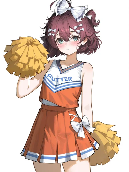 1girl,solo,blush,looking at viewer,simple background,white background,,cowboy shot,flutterpage,cheerleader,white bow, <lora:flutterpage-000015:0.8>, masterpiece, best quality, very aesthetic, absurdres