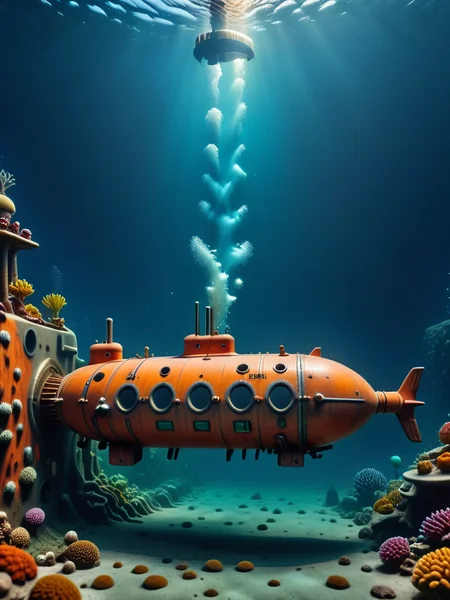overhead top-down isometric view of a [photo focus on  robopop submarine submerged underwater exploring ocean
 <lora:Robopop:0.75>, , film, professional, 4k, highly detailed, absurdres, detailed, macro details, 8k, hyper realistic, texture surface details] logo in grafitti style font, key visual, hdr, simple background, by, form, orange green red blue theme, absurdres, macro details, 8k, texture surface details