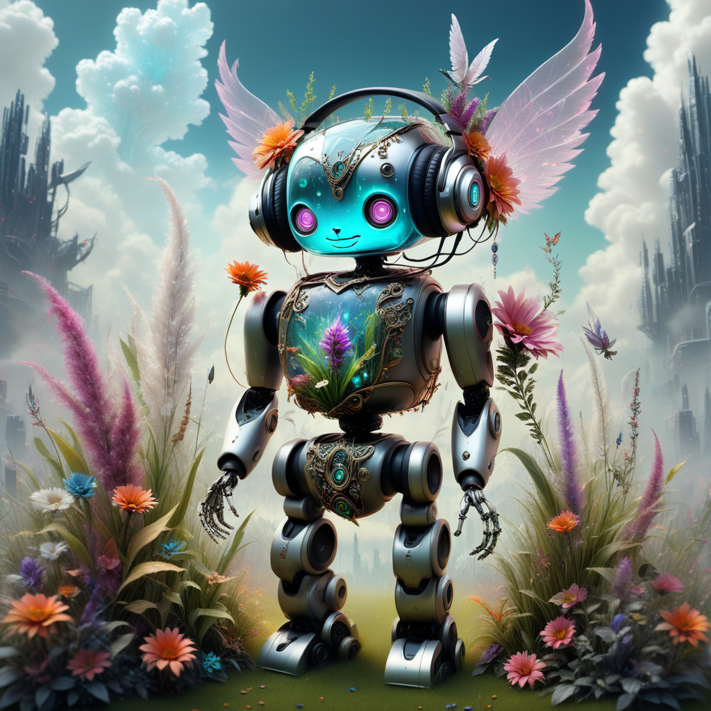 science fiction, grass, realistic, straight-on, holding flower, animal ears, still life, crystal, robot, smoke, wings, colored skin, plant, jewelry, glowing, manuka robot, headphones, standing, sky