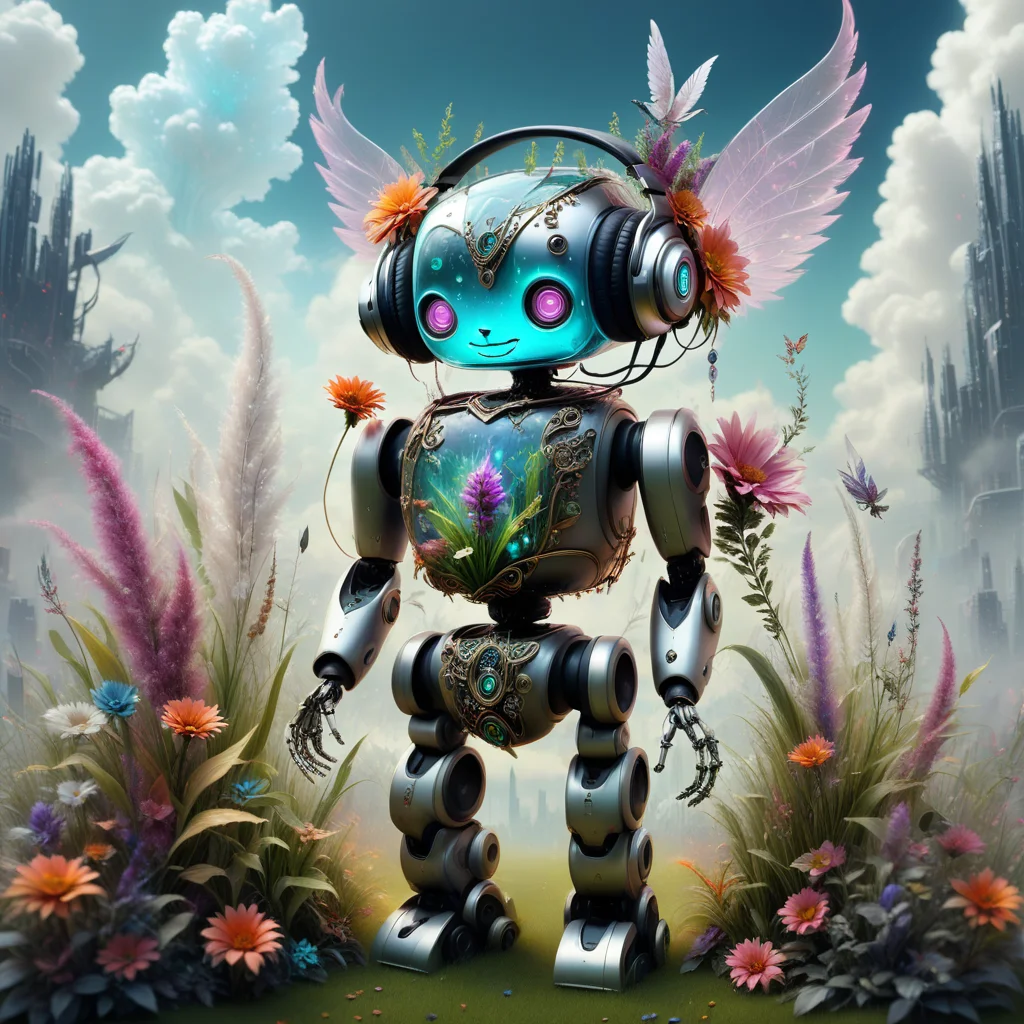 science fiction, grass, realistic, straight-on, holding flower, animal ears, still life, crystal, robot, smoke, wings, colored skin, plant, jewelry, glowing, manuka robot, headphones, standing, sky