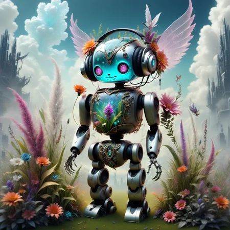 science fiction, grass, realistic, straight-on, holding flower, animal ears, still life, crystal, robot, smoke, wings, colored skin, plant, jewelry, glowing, manuka robot, headphones, standing, sky