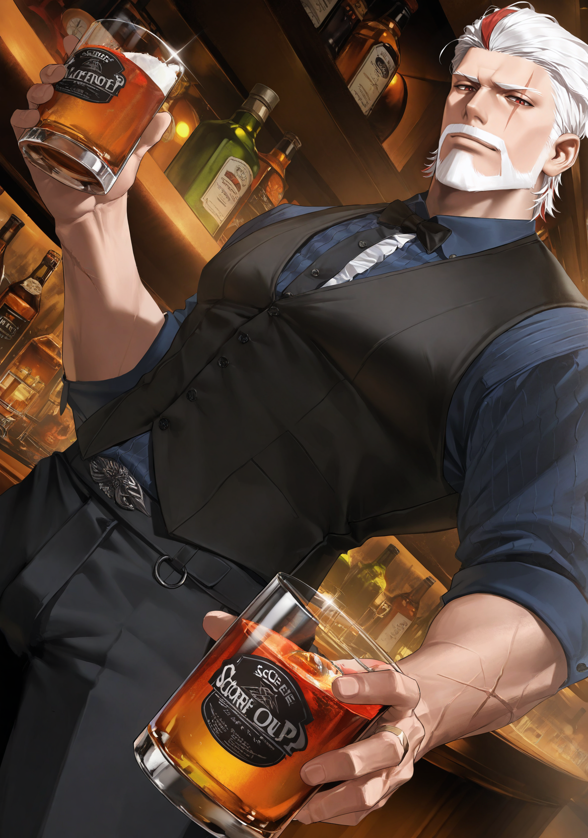 realistic shading,expressive face,looking at viewer,1boy,beard,white hair,facial hair,beard,mature male,mustache,short hair,red eyes,<lora:MORIIIL:0.7>,old,aged up,manly,dynamic angle,masterpiece,best quality,dynamic angle,intricately detailed illustration,masterpiece,best quality,amazing quality,very aesthetic,absurdres,newest,black vest,sikin tight,bar \(place\),scar on hand,bartender,Drink alcohol,full body,, score _9,score_8_up, score_7_up,source_anime,rating_explicit,