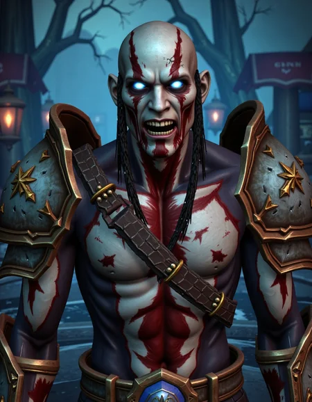 WOW_Character_Style, Extreme close-up portrait of a male undead warrior, cropped from upper chest to mid-forearm. His hollow, glowing blue eyes peer out from beneath a cracked, white mask that barely conceals his decaying face. His expression is emotionless, cold, and menacing. He wears tattered, bloodstained plate armor, with dark chains draped over his chest, and the frame’s top edge highlights jagged, rusted shoulder armor. Image cuts off at mid-forearm, showing deep cracks in the armor, with a faint mist seeping out. Hands out of frame. The background is set in the fog-drenched, cursed streets of Duskwood, with twisted trees and eerie, dim lanterns flickering in the distance. The atmosphere is thick with darkness and an unsettling quiet, as if death itself lurks in the shadows. [Composition: Tight 85mm lens effect, compress perspective to naturally exclude extremities.]