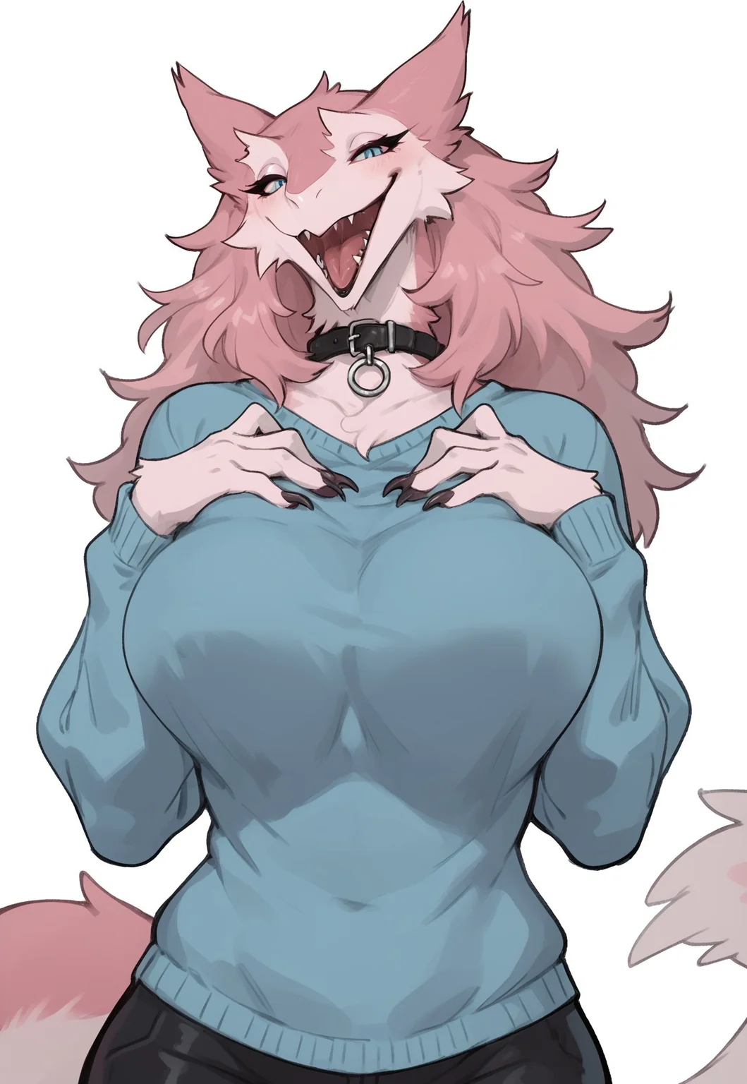 safe_pos, safe_pos, score_9, score_8_up, score_7_up, score_6_up, (sergal, mature female), pink fur, mammal, solo, anthro, white background, smile, (head tilt), portrait, collar, (big breasts), Sweater, supporting breasts, open mouth, tongue out, saliva, (orgasm face, low-angle view)