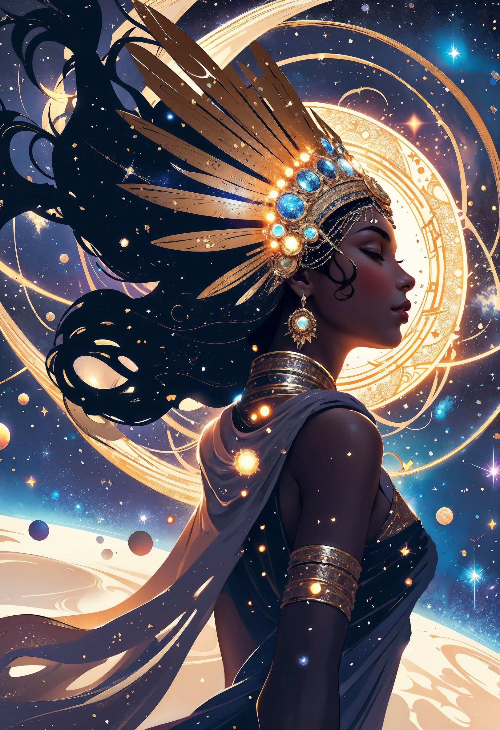 (in Kilian Eng style:1.4), high-quality, masterpiece, A female celestial figure with a body made of galaxies and stars, wrapped in a nebula that shifts with their every movement, their expression otherworldly and peaceful, illuminated by the soft glow of distant stars. Soft focus with lens flare and deep space composition, set against a cosmic backdrop of swirling star clusters. High dynamic range, (elaborately detailed attire with extraordinary elements and headdress:1.1), (hyperdetailed:1.1), (intricate details:1.0), (Refined details:1.1), (best quality:1.1), (high resolution:1.2)
