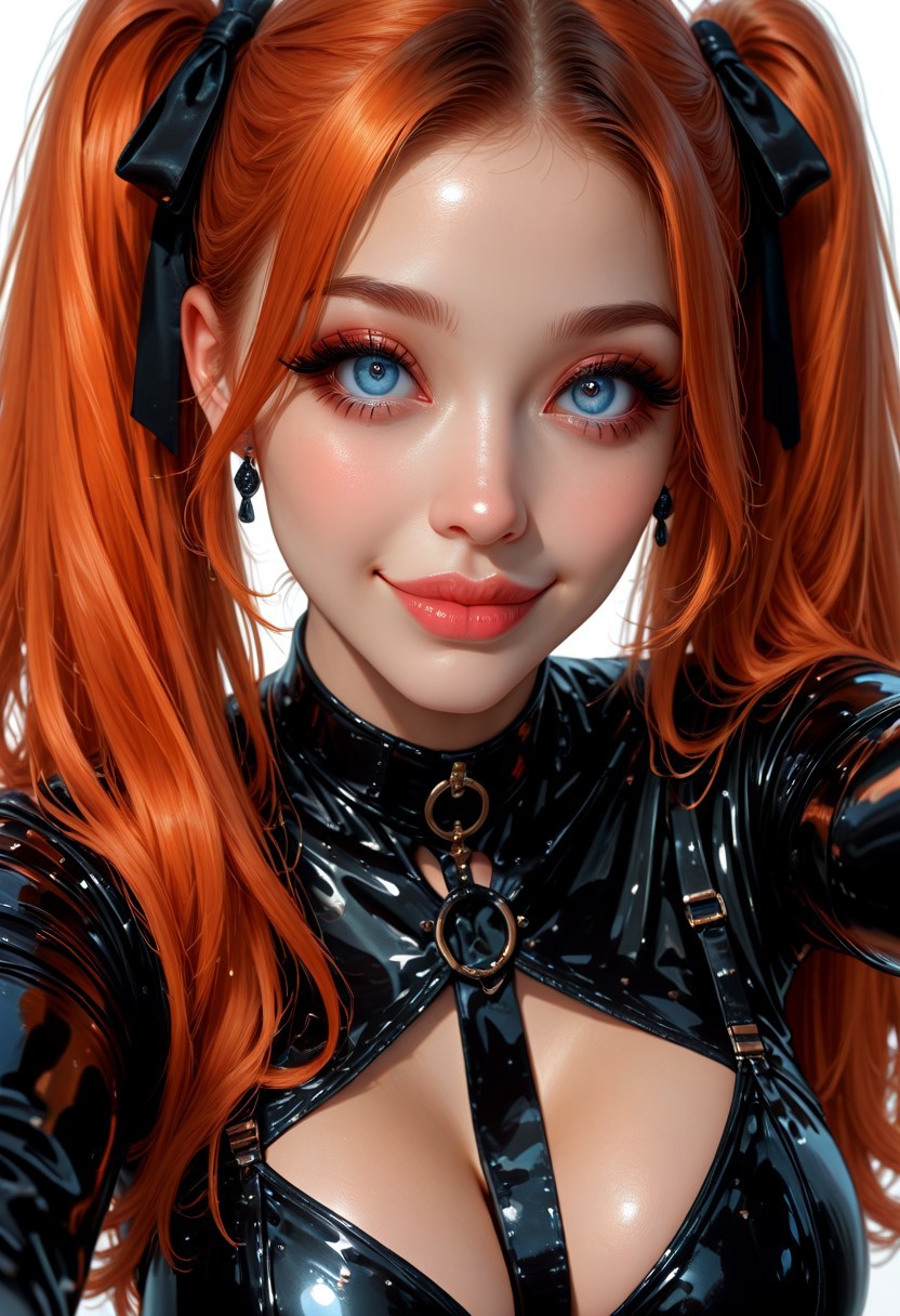 Fiona nobody, 24 year old Caucasian woman with orange-auburn hair in high arching twintails, blue-eyes, big breasts, close-up of an elegant cartoon girl in black latex dress with cute face, big eyes and white smiling lips doing selfie, orange-auburn hair in high arching twintails,, hyper realistic game art, fashion illustration style, trending soft color palette, charming character illustrations, high resolution, on solid background, cartoon realism, digital painting, casual wear, full body portrait, by Artgerm, trending on pixiv fanbox niji5 s20 e4s, smooth lighting, vivid colors, centered composition white background, depth of field, <lora:MoriiMee_Gothic_Niji_Style_Illustrious_r1:0.7> artist:moriimee,  <lora:PowerPuffMixLora:0.5>,  <lora:Detailer_NoobAI_Incrs_v1:0.6> detailed,