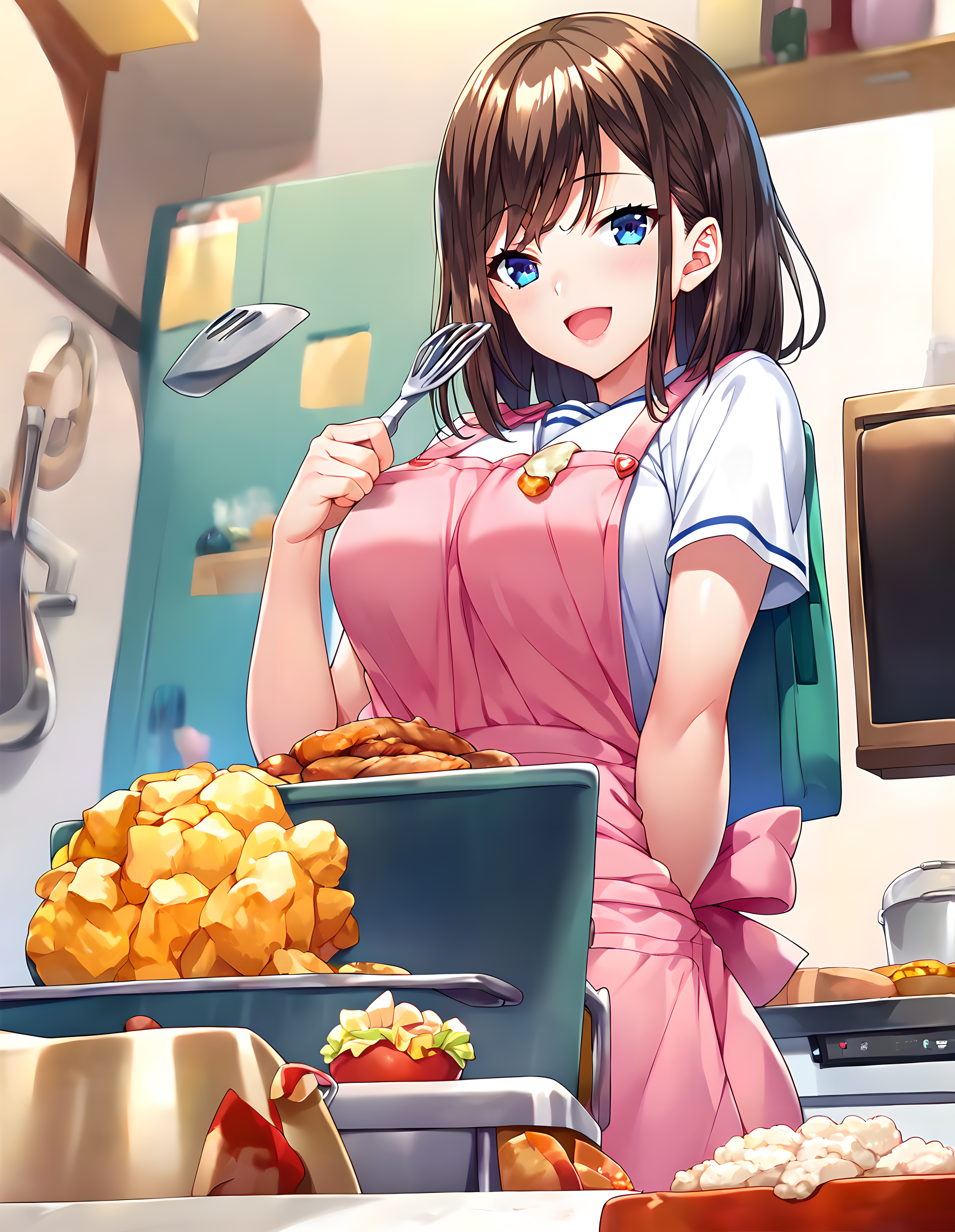 <lora:pony_xl_yayoi:0.9>,yayoi,score_9,score_8_up,score_7_up,source_anime,1girl,solo,school_uniform,pink apron,bento,food,cooking,looking at viewer,smile,open mouth,
