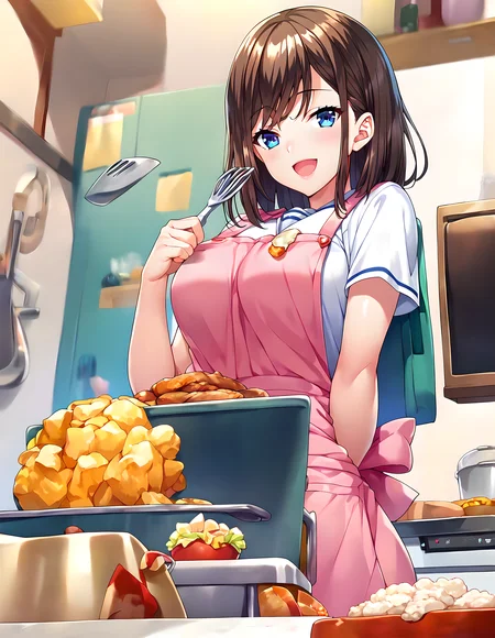 <lora:pony_xl_yayoi:0.9>,yayoi,score_9,score_8_up,score_7_up,source_anime,1girl,solo,school_uniform,pink apron,bento,food,cooking,looking at viewer,smile,open mouth,