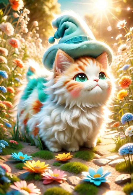ral-fluff,<lora:ral-fluff:1>,
chibi,masterpiece,best quality,original,official art,cat, hat,flower,blurred background,rendering,beautiful detailed glow,(detailed ice),beautiful detailed sun,sunny, blurred flower, happy