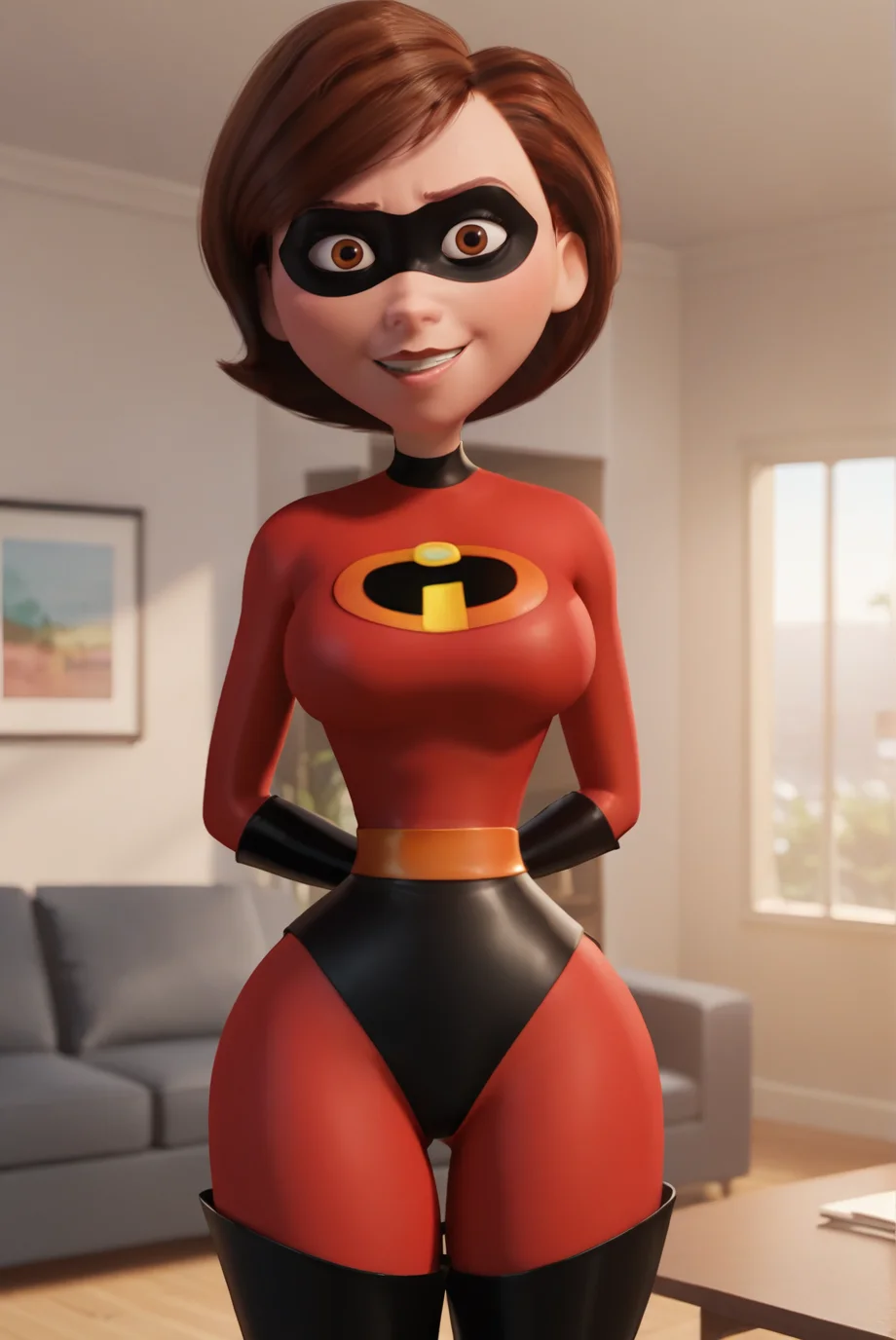 score_9, score_8_up, score_7_up, score_6_up, BREAK 1girl, solo, disney pixar animation,
<lora:HelenParrXL-v1-06:0.6>, ChopioHelen, short hair, brown hair, brown eyes, (looking at viewer:1.2),
narrow waist, wide hips, large breasts, domino mask, 
indoors, living room, sofa, table, standing, smile,
outfit_1, red bodysuit, latex, skin tight, black elbow gloves, black footwear, thigh boots, arms behind back,