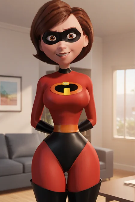 score_9, score_8_up, score_7_up, score_6_up, BREAK 1girl, solo, disney pixar animation,
<lora:HelenParrXL-v1-06:0.6>, ChopioHelen, short hair, brown hair, brown eyes, (looking at viewer:1.2),
narrow waist, wide hips, large breasts, domino mask, 
indoors, living room, sofa, table, standing, smile,
outfit_1, red bodysuit, latex, skin tight, black elbow gloves, black footwear, thigh boots, arms behind back,
