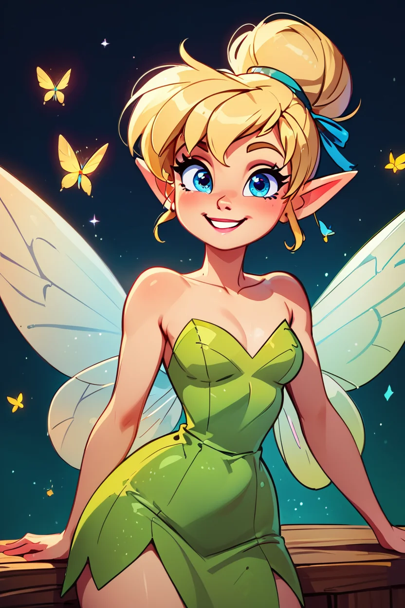 score_9, score_8_up, score_8, medium breasts, (curvy), cute, eyelashes, BREAK, , BREAK, TinkerWaifu, fairy wings, blonde hair, blue eyes, green dress, sexy, hair bun,, <lora:tinkerbellPonyXL_character:0.8>,, <lora:GoldenCAT_Lora_PDXL_v2:0.8>, , BREAK, smile, looking at viewer, cowboy shot, embedding:zPDXL, Expressiveh, <lora:SDXLFaeTastic2400:0.5>, <lora:Expressive_H-000001:0.4>,