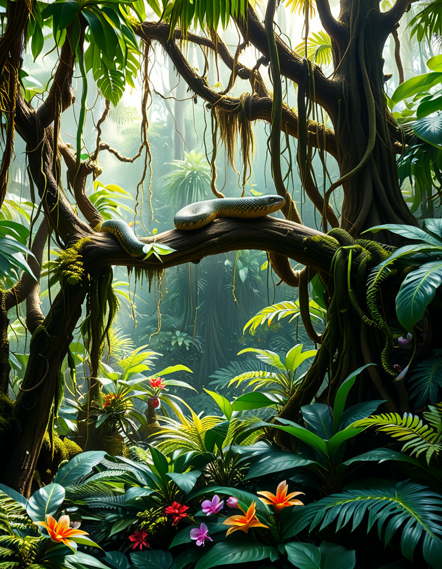 A dense and vibrant jungle,jungl3, captured in a realistic photographic style, with lush green foliage of various tropical plants, tall trees covered in moss and vines, and sunlight filtering softly through the canopy above. The atmosphere feels humid and alive, with small details such as ferns, orchids, and a scattering of tropical flowers in shades of red, yellow, and purple. A narrow, winding dirt path cuts through the undergrowth, partially hidden by fallen leaves and roots. The scene feels immersive and serene, with subtle mist lingering in the distance, enhancing the sense of depth and mystery. The overall lighting is natural, with dappled sunlight creating dynamic shadows on the ground and the surrounding plants.
<lora:jungl3:1><lora:SDXLFaeTastic2400:0.4> <lora:extremely_detailed:0.4> extremely detailed, Masterpiece,best quality,hi res,8k,hi res,8k,award winning,(sharp focus, intricate, highly detailed),