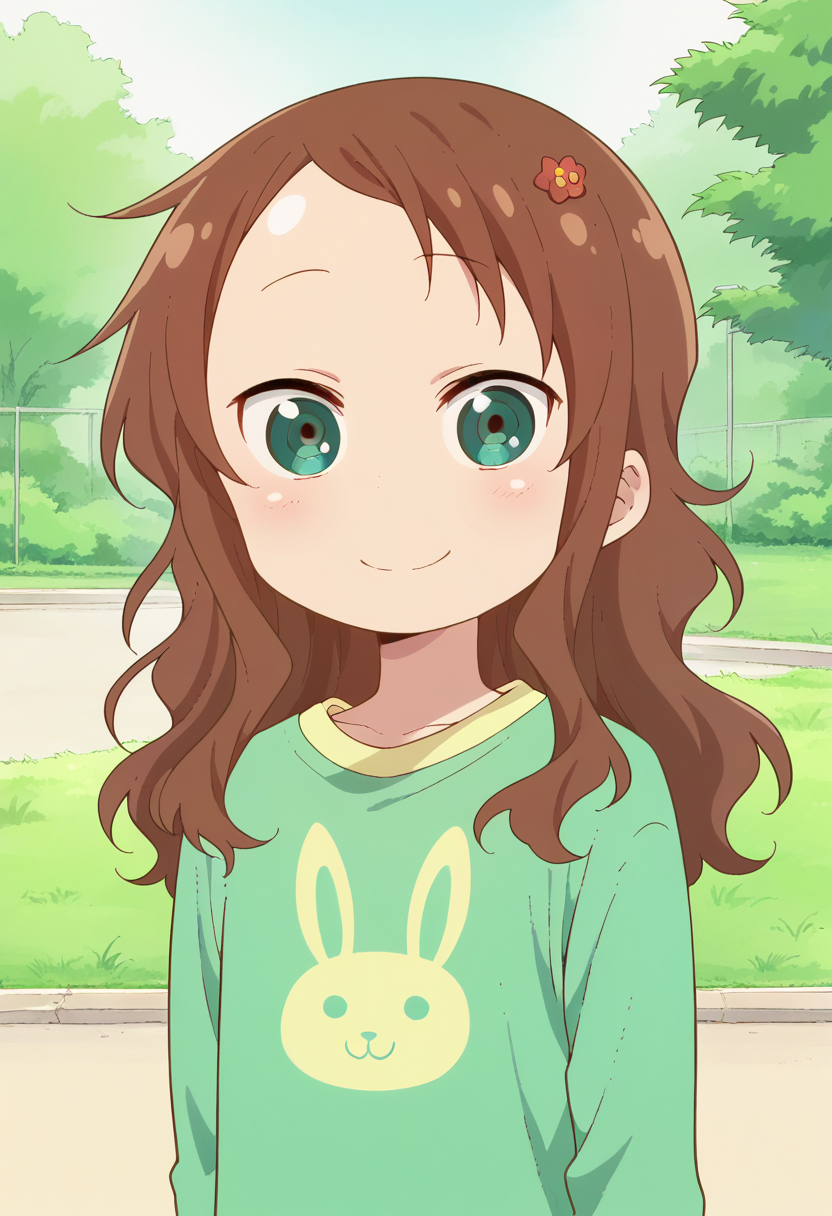 1girl, solo, rikos, saicas, long hair, green eyes, brown hair, hair ornament, hairclip, hair flower, red skirt, animal print, green shirt, <lora:PonyXL Riko Saikawa:1>, score_9, score_8_up, score_7_up, score_6_up, score_5_up, score_4_up , anime coloring ,BREAK source_anime, anime,
looking at viewer, upper body, smile, arms behind back,
outdoors, park