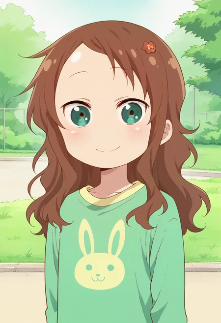 1girl, solo, rikos, saicas, long hair, green eyes, brown hair, hair ornament, hairclip, hair flower, red skirt, animal print, green shirt, <lora:PonyXL Riko Saikawa:1>, score_9, score_8_up, score_7_up, score_6_up, score_5_up, score_4_up , anime coloring ,BREAK source_anime, anime,
looking at viewer, upper body, smile, arms behind back,
outdoors, park