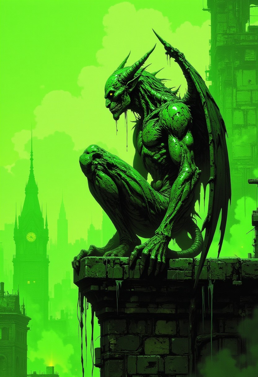 cinematic film still award winning photo .A stone  skinned gargoyle perched atop a rooftop overlooking an ancient city. Lime greens,dark greens,neon greens,deep depth of field, vignette, highly detailed, high budget, bokeh, cinemascope, moody, epic, gorgeous, film grain, grainy,anime, cyberpunk, Comic book style,CAICO