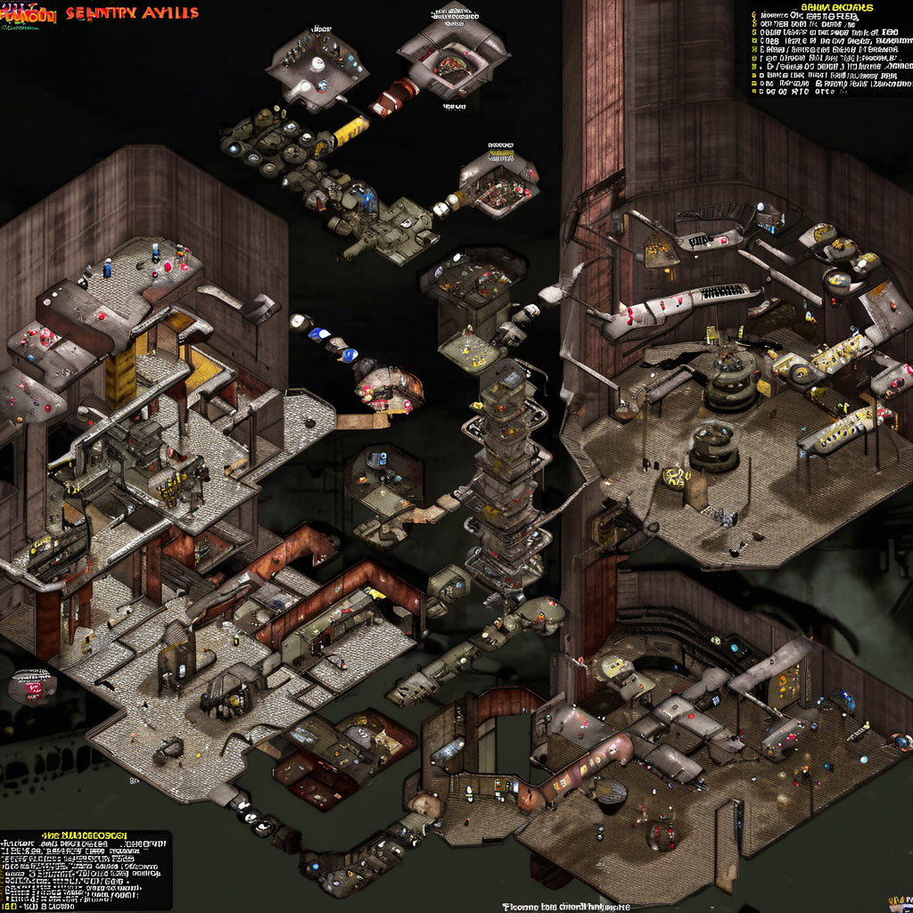 A decaying city of harsh, imposing brutalist architecture - towering monolithic structures of cold industrial materials like pitted concrete, rusted metal, and shattered glass crowding together to form an oppressive labyrinth of enclosed spaces, tight alleys, and shadowy passages littered with rubble and debris. Remnants of abandonment, decay and failed progress like burnt-out vehicles, construction equipment graveyards, and tattered propaganda posters paint a grim scene. Security elements like sentry towers with searchlights, barricades, and watchful cameras loom as reminders of confinement and control while small haunting traces of struggle like ragged dolls and makeshift shelters hint at the oppression of everyday life beneath this brutal, dominating architecture, videogame cartography <lora:VGMCARTOGRAPHY_v0.0.3:1>