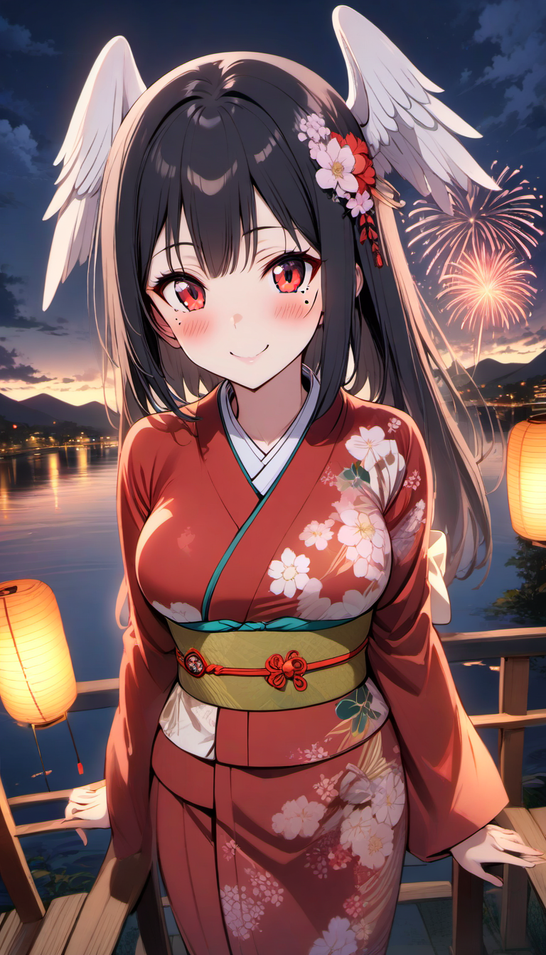 elris, 1girl, solo, long hair,,breasts, looking at viewer, blush, smile, bangs, black hair, red eyes, jewelry, medium breasts, mole under eye, head wings,,kimono,floral print, nightime,fireworks,lakeside,from_above,blush,smile,clouds,moonlight,hair flower, obi,ribbon,<lora:elris_prodigy_v2_loopback_epochs:.8>,long sleeves,