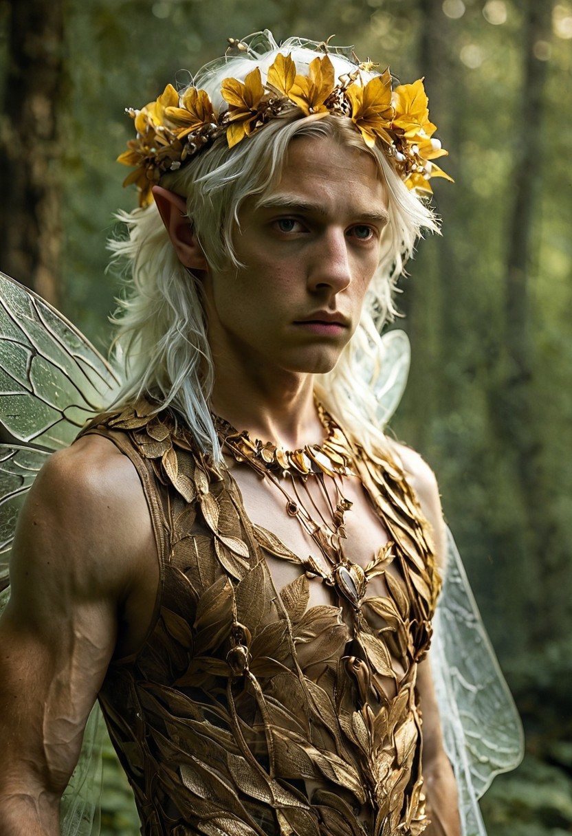 1man, detailed face, good-looking face, forest, pale skin, golden leaf outfit, sleeveless, white hair, flower crown, white flowers on crown, bokeh, pointy ears, fantasy, (((insect wings))), white insect wings, male, gay, real1sm
