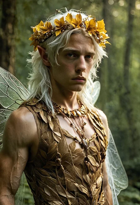 1man, detailed face, good-looking face, forest, pale skin, golden leaf outfit, sleeveless, white hair, flower crown, white flowers on crown, bokeh, pointy ears, fantasy, (((insect wings))), white insect wings, male, gay, real1sm
