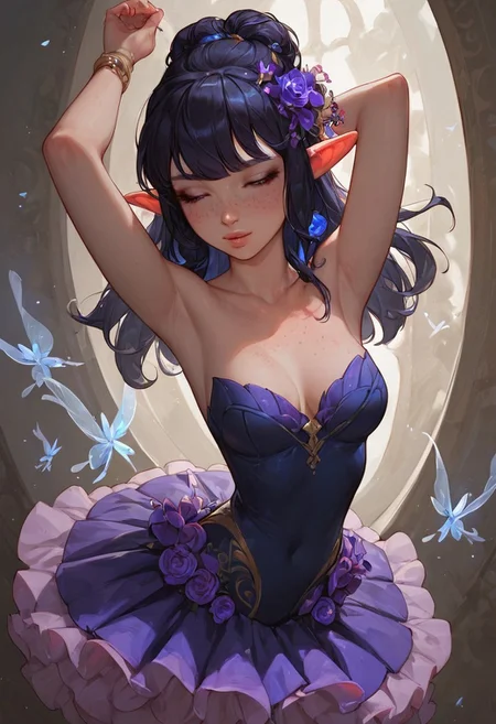 masterpiece,best quality, highly detailed, score_9, score_8_up, score_7_up, score_6_up, score_5_up, score_4_up, Expressiveh, 18 year old girl, cute innocent girl, petite, slender body, medium perky round breasts, ((freckles)), ((full pouty lips)), cute long hair,
sugar plum fairy, ballerina, dancing, plum colored tutu
