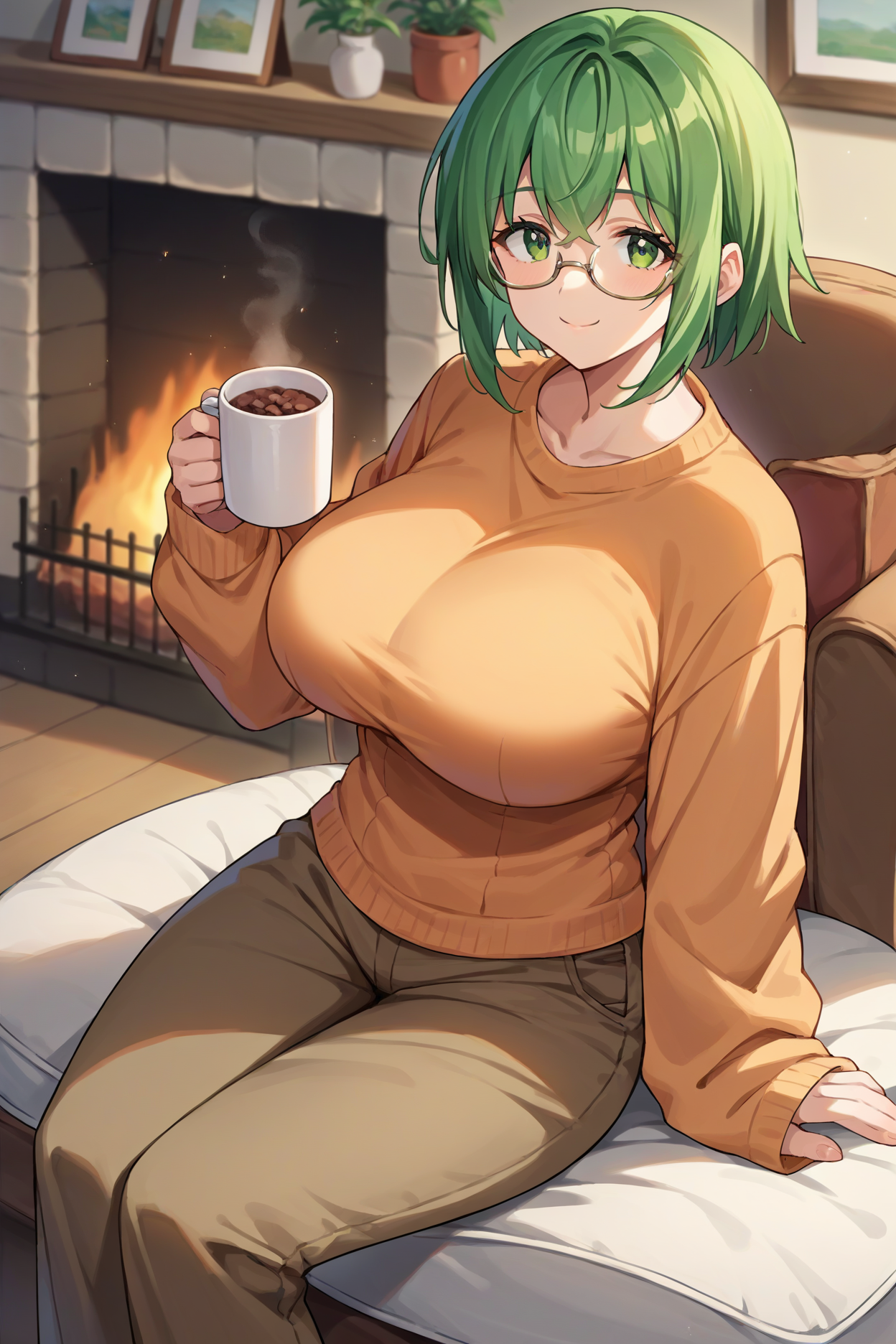 score_9, score_8_up, score_7_up, score_6_up, source_anime, 1girl, solo,  <lora:yamadamaya-pdxl-nvwls-v1-000005:1> yamadam, green hair, short hair, glasses, large breasts, orange sweater, sleeves past wrists, sitting, chair, fireplace, indoors, brown pants, looking at you, smile, holding mug of cocoa