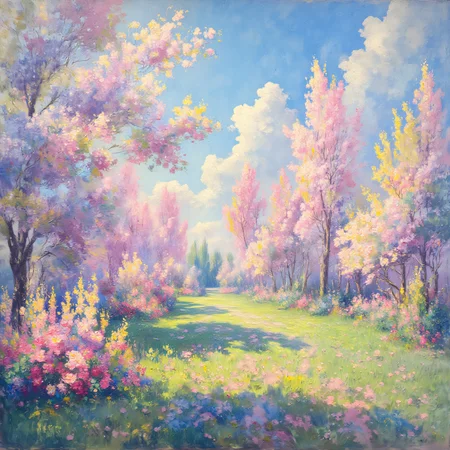 ArsMJStyle, ((Impressionism )), Spring Orchard, The image shows a blooming orchard in spring. Pale pink and white brushstrokes suggest cherry or apple blossoms against a soft blue sky. Dappled sunlight creates patterns on the ground, and a distant figure tends to the trees. Green grass is indicated by quick strokes of various shades., impressionism, orchard, spring, blossoms, nature, soft colors, sunlight, outdoor scene, flowering trees, brushstrokes, seasonal, atmospheric